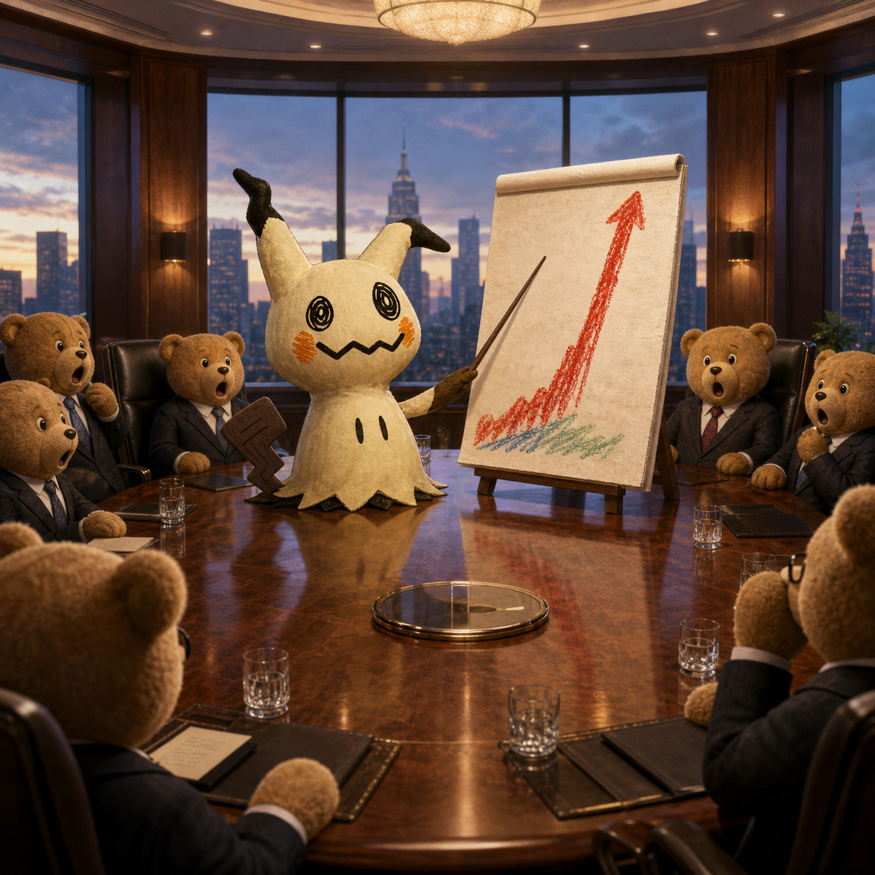 Mimikyu presenting a chart in a boardroom