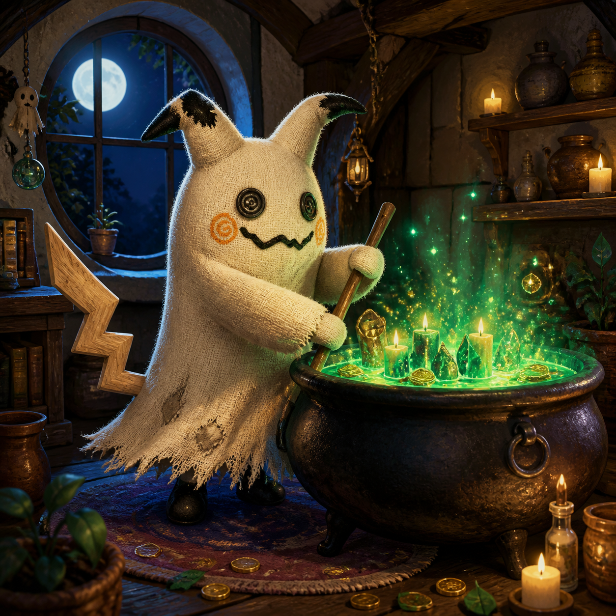 Mimikyu brewing an emerald cauldron