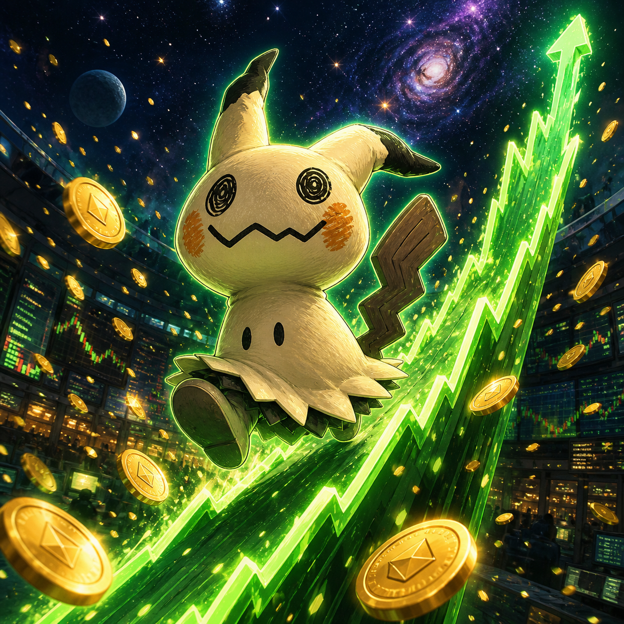 Mimikyu mascot running up a glowing green chart