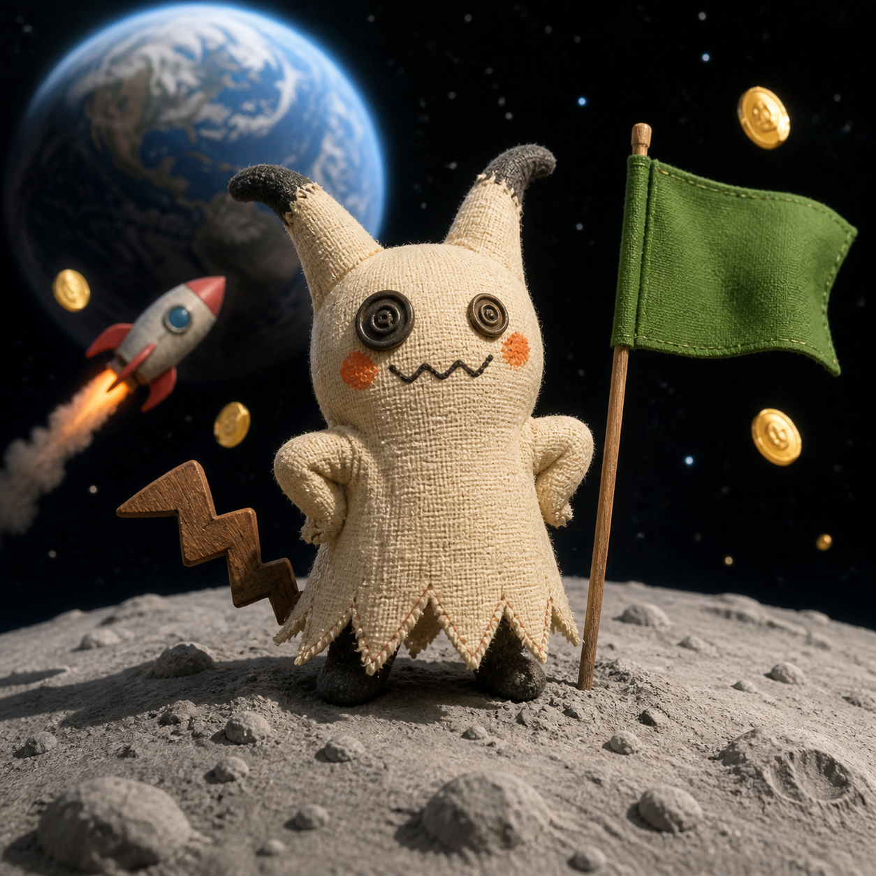Mimikyu mascot standing on the moon with a green flag
