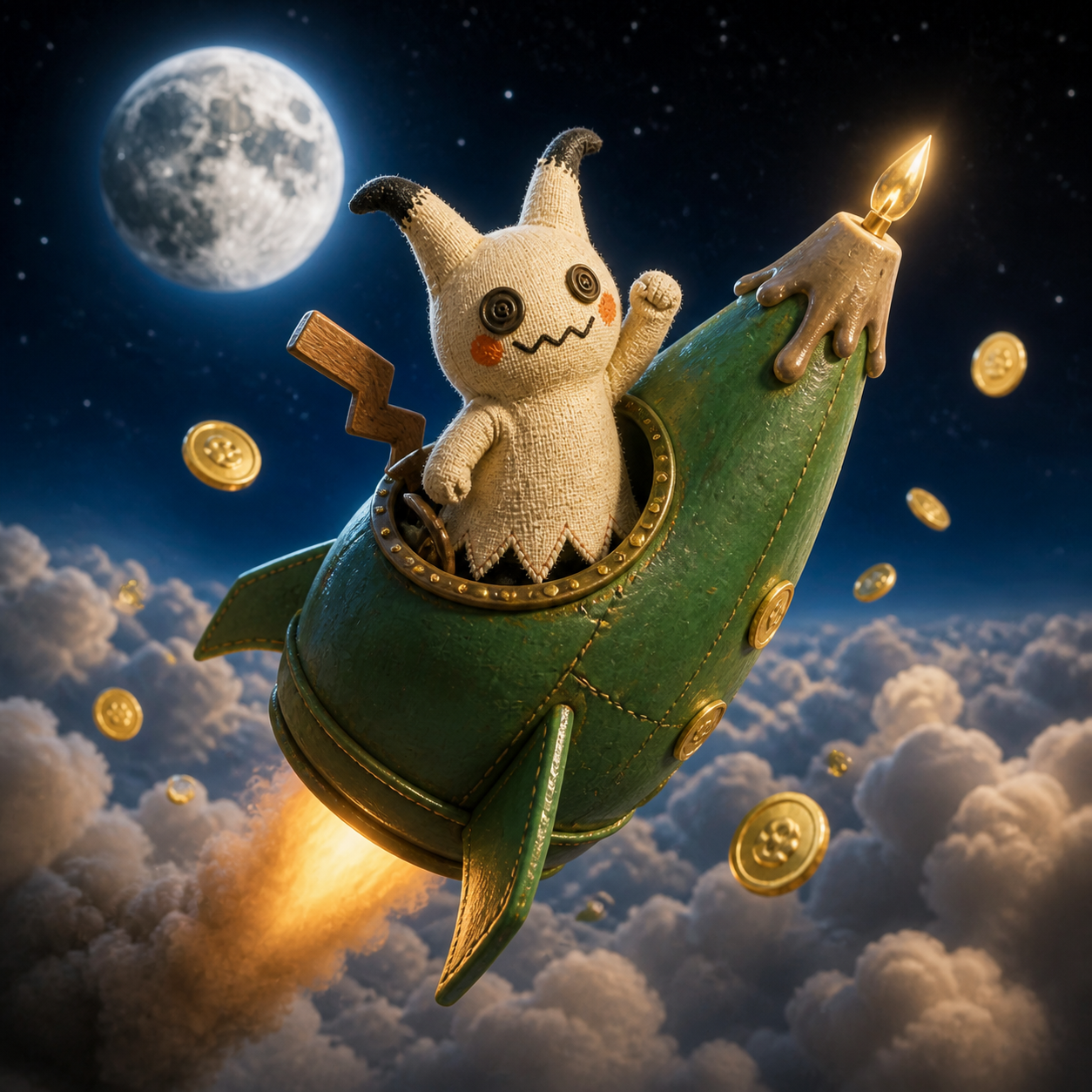 Mimikyu piloting an emerald rocket